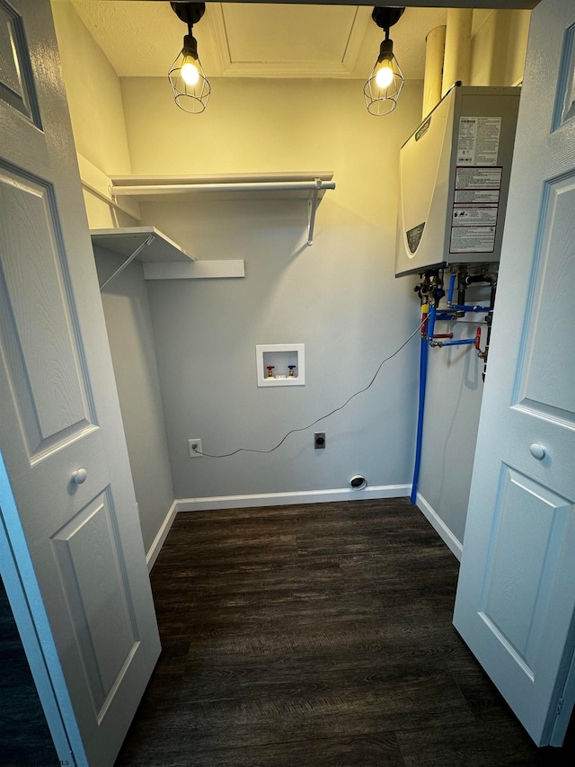 laundry room with electric dryer hookup, dark hardwood / wood-style floors, and washer hookup