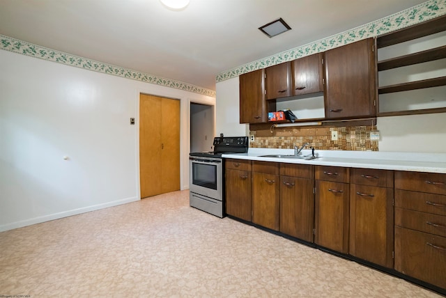 kitchen with backsplash, dark brown cabinets, stainless steel range with electric stovetop, and sink