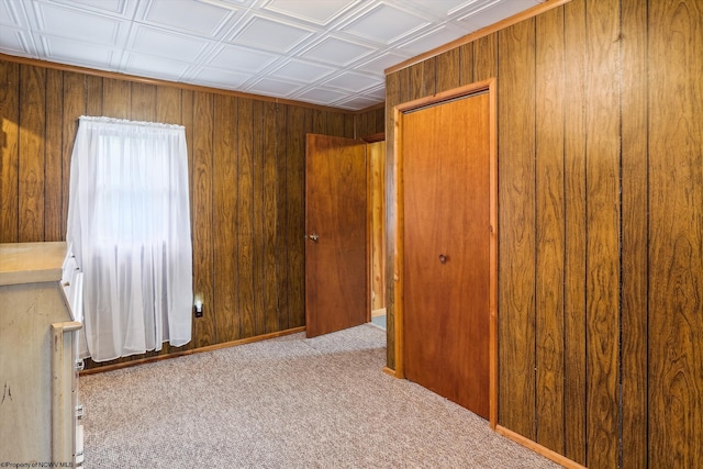 carpeted spare room with wooden walls