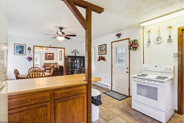 kitchen with electric stove, light tile patterned flooring, a baseboard heating unit, and ceiling fan