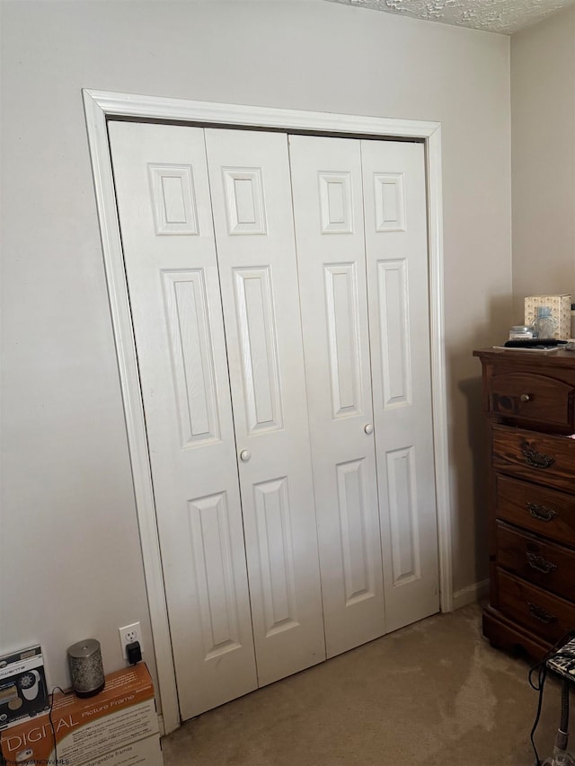 interior space featuring light carpet and a closet