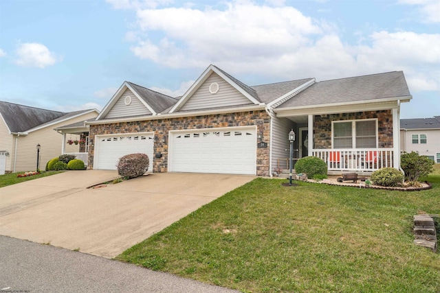 ranch-style home with a porch, a garage, and a front lawn