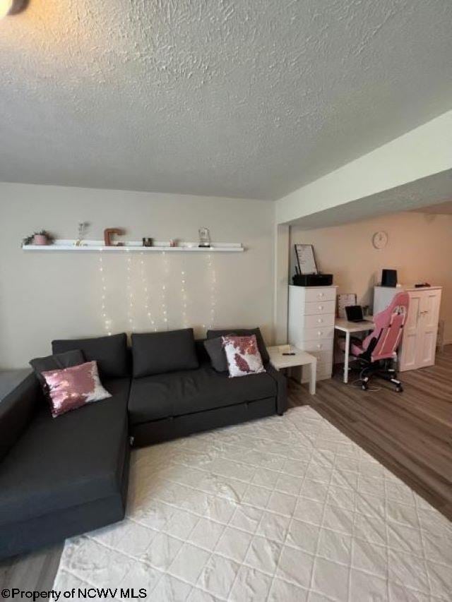 living room with a textured ceiling and light wood-type flooring