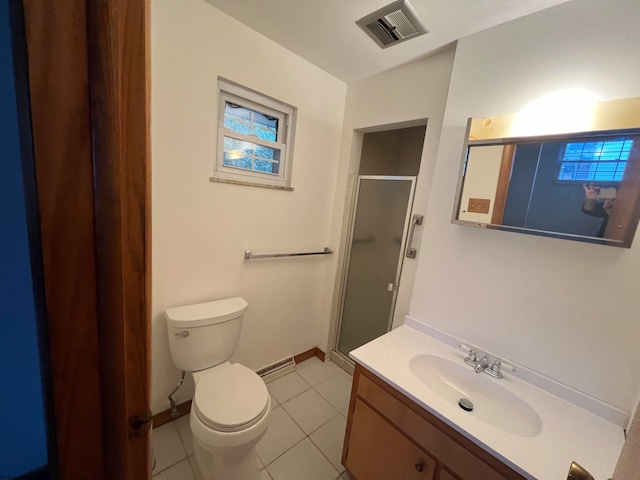 bathroom featuring vanity, tile patterned flooring, toilet, and a shower with door