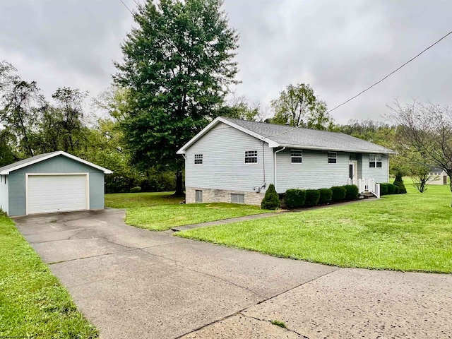 view of home's exterior with a lawn, an outbuilding, and a garage