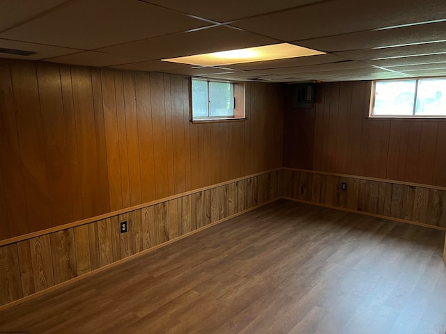 basement with a healthy amount of sunlight, wood walls, and hardwood / wood-style floors