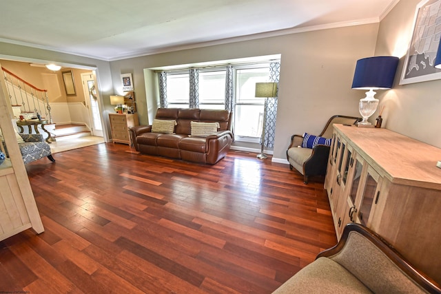 living room with crown molding and dark hardwood / wood-style flooring