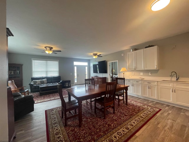 dining space featuring ceiling fan, hardwood / wood-style floors, and sink