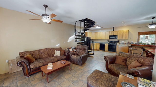 living room with ceiling fan