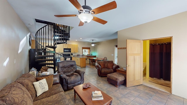 living room with ceiling fan