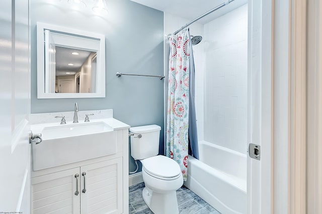 full bathroom with hardwood / wood-style floors, vanity, toilet, and shower / bathtub combination with curtain