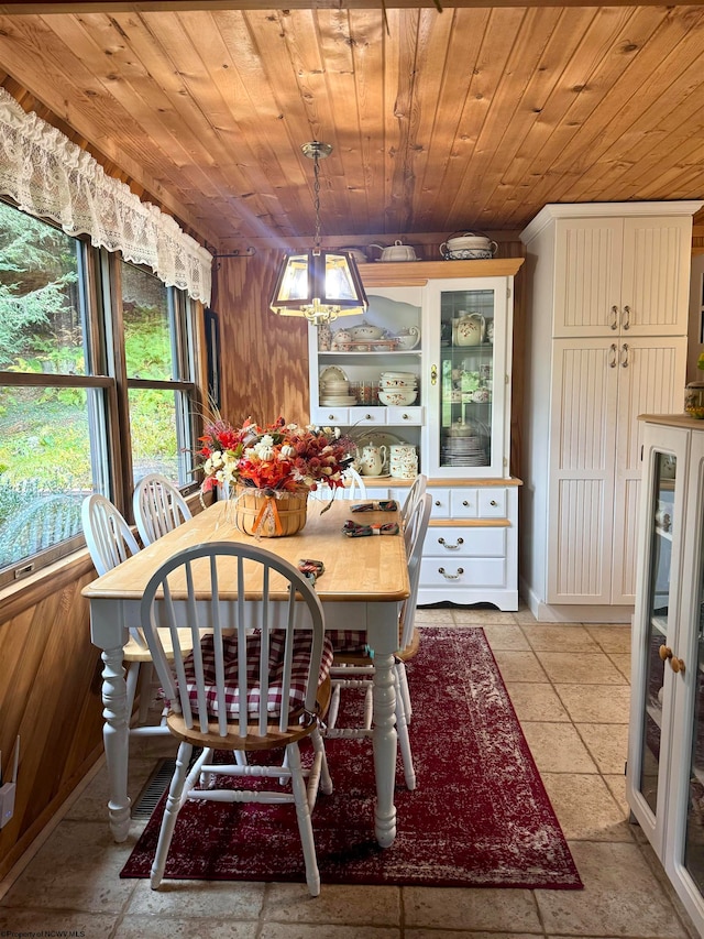 dining area featuring wooden walls and wood ceiling