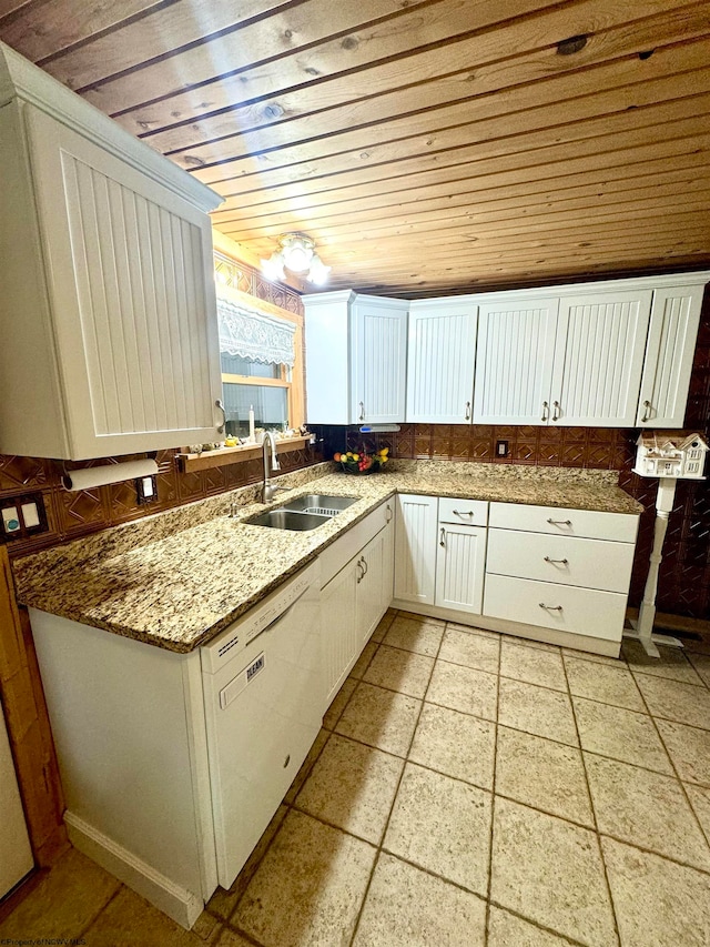 kitchen featuring white cabinets, white dishwasher, sink, wooden ceiling, and light stone countertops