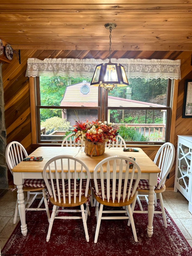 dining area featuring wood ceiling and wooden walls