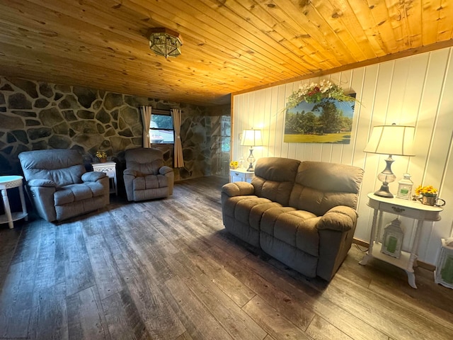 living room featuring wood-type flooring, wooden walls, and wood ceiling