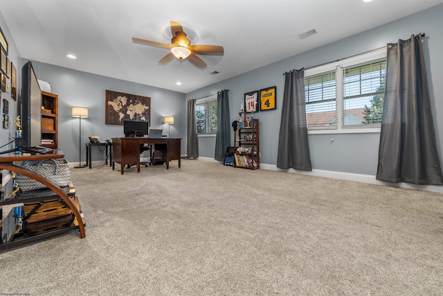 office with ceiling fan, carpet flooring, and a wealth of natural light