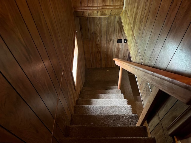 staircase with wooden walls
