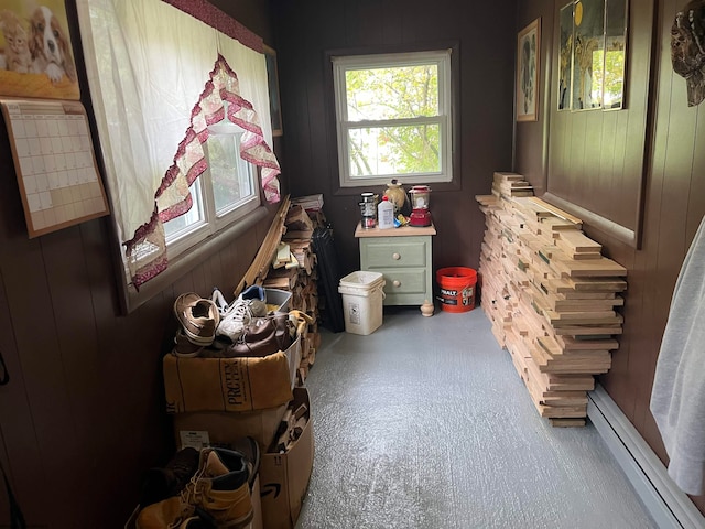 miscellaneous room featuring carpet, wooden walls, and baseboard heating