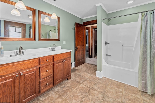 bathroom featuring vanity, tile patterned flooring, ornamental molding, and shower / bathtub combination with curtain