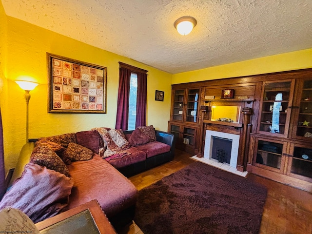 living room featuring a textured ceiling