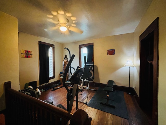 workout area featuring wood-type flooring and ceiling fan