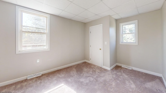 spare room with a paneled ceiling and light carpet