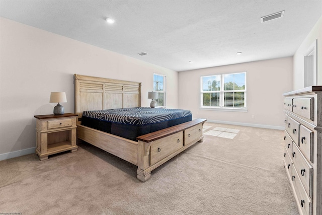 bedroom with a textured ceiling and light colored carpet