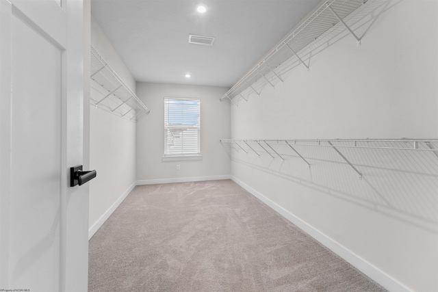 walk in closet with light colored carpet