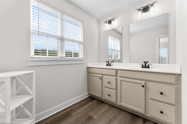 bathroom with vanity and hardwood / wood-style floors