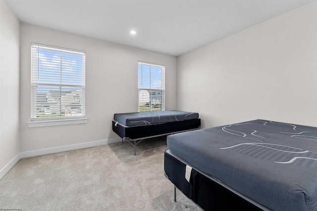 bedroom featuring light colored carpet