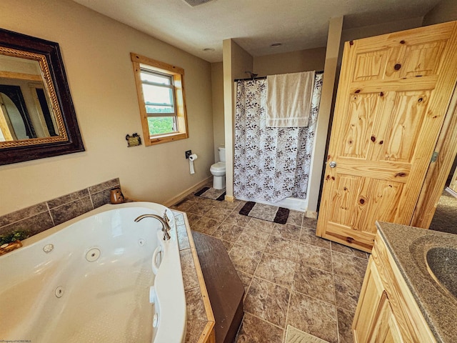 full bathroom with separate shower and tub, vanity, and toilet