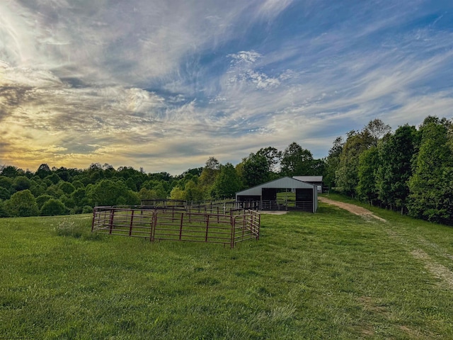 yard at dusk featuring a rural view and an outbuilding