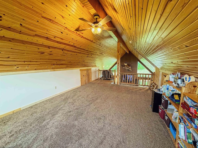 bonus room with wood ceiling, carpet, and ceiling fan