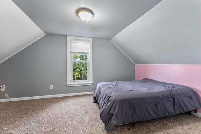 bedroom with lofted ceiling and carpet floors