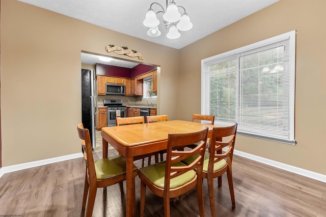 dining room featuring an inviting chandelier and light hardwood / wood-style flooring