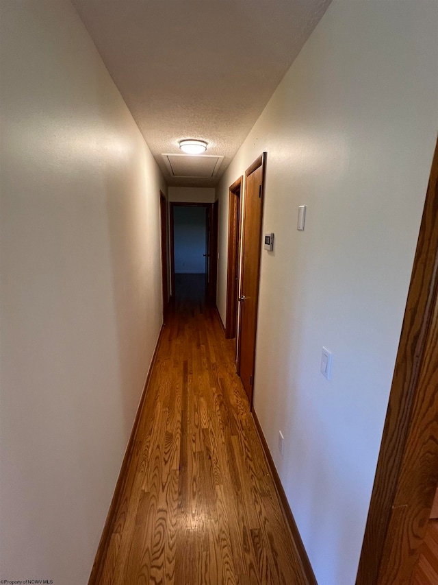 hall featuring wood-type flooring and a textured ceiling