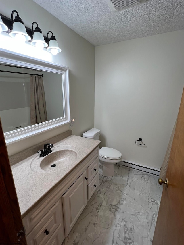 bathroom featuring vanity, curtained shower, a baseboard radiator, toilet, and a textured ceiling