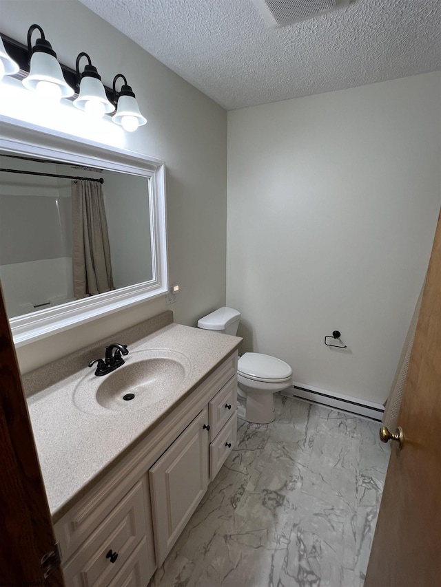 bathroom featuring a baseboard heating unit, a textured ceiling, toilet, marble finish floor, and vanity