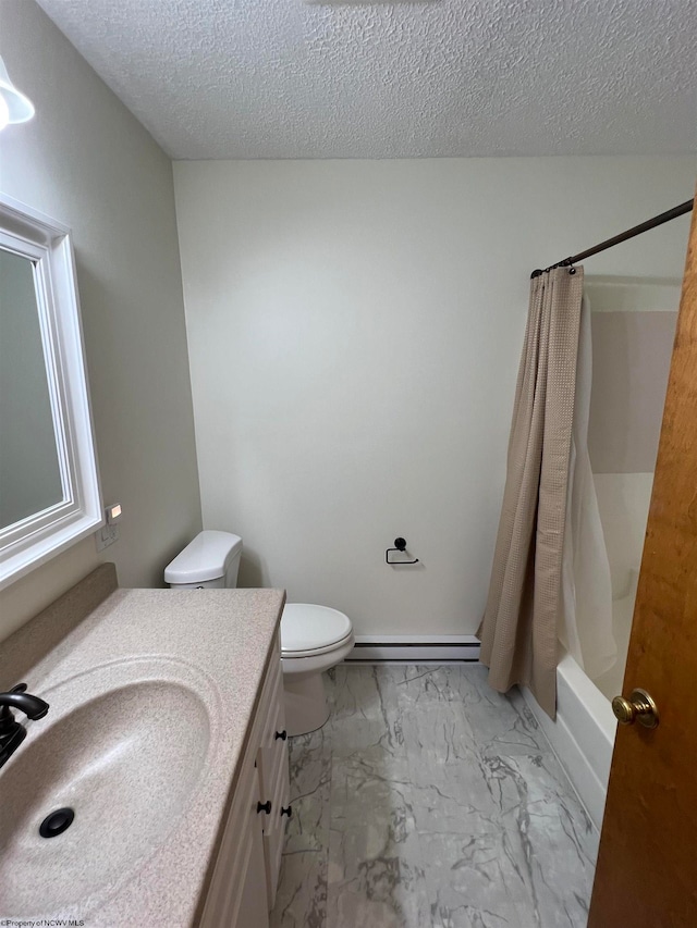 full bathroom featuring vanity, baseboard heating, shower / bath combination with curtain, toilet, and a textured ceiling