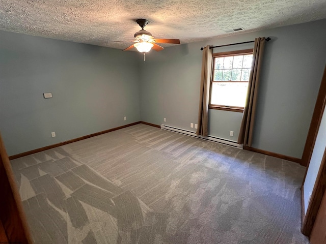 empty room with ceiling fan, carpet flooring, a baseboard heating unit, and a textured ceiling