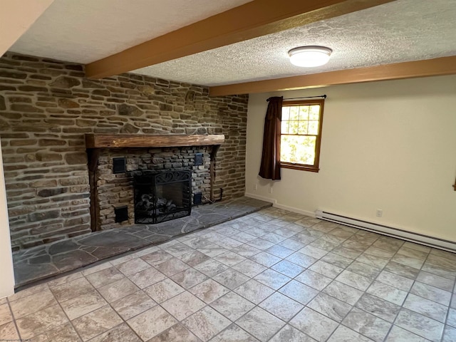 unfurnished living room with a textured ceiling, a fireplace, beam ceiling, and a baseboard heating unit