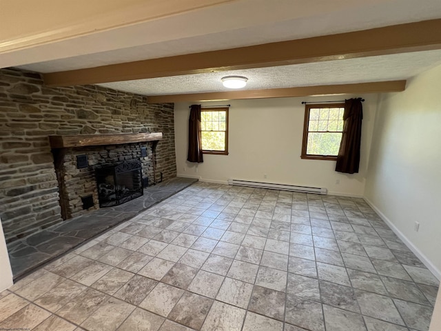 unfurnished living room featuring a stone fireplace, a baseboard heating unit, beamed ceiling, stone finish flooring, and baseboards