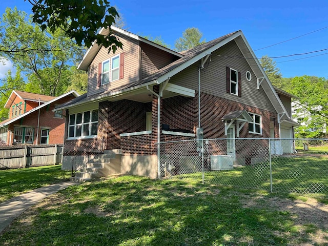 view of property exterior with central AC and a lawn