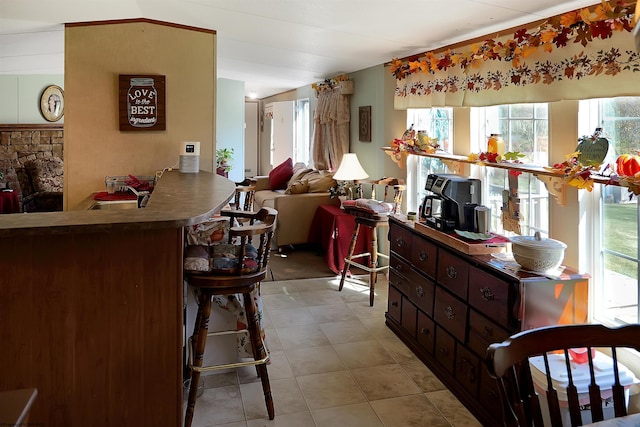 interior space with kitchen peninsula, a fireplace, and dark brown cabinetry