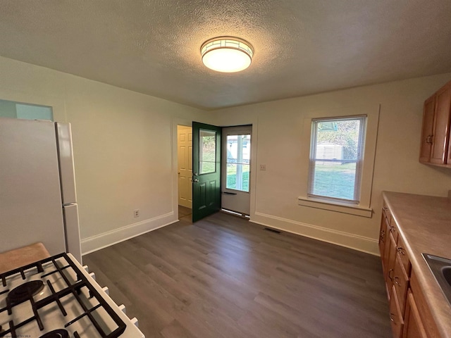 kitchen with white refrigerator, a textured ceiling, dark wood-type flooring, and range