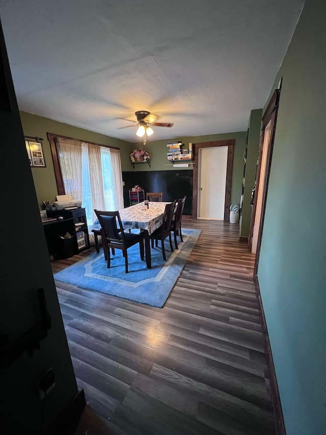 dining space featuring ceiling fan and dark hardwood / wood-style floors