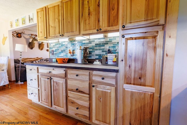 kitchen featuring tasteful backsplash and light hardwood / wood-style flooring