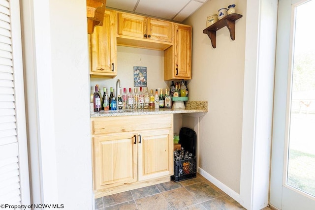 bar featuring a paneled ceiling, light brown cabinets, sink, and a wealth of natural light