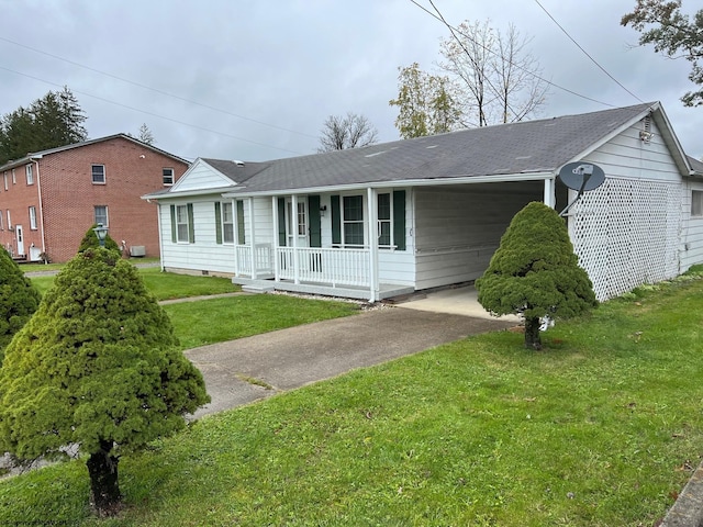 single story home featuring a front yard and covered porch