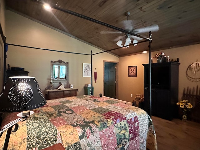 bedroom featuring ceiling fan, lofted ceiling, wood ceiling, and wood-type flooring